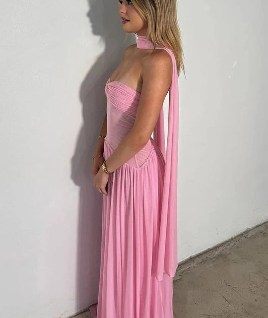 EB | Patchwork Maxi Kleid Schal Rückenfrei Strapless Rüschen Bankett