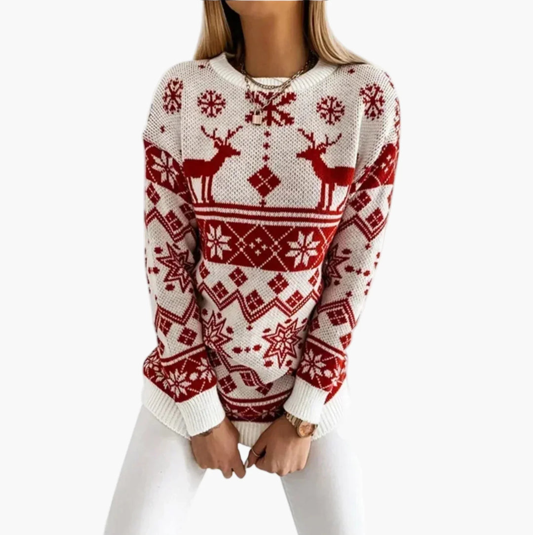 EB | Weihnachtspulli mit Rentier- und Schneeflockenmuster - Modischer Winterpullover für Festliche Anlässe