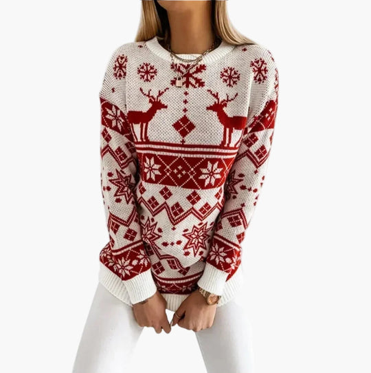 EB | Weihnachtspulli mit Rentier- und Schneeflockenmuster - Modischer Winterpullover für Festliche Anlässe