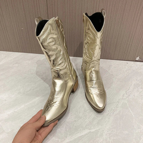 EB | Retro-Western-Cowboystiefel mit Seitlichem Reißverschluss Mittlerem Schaft Fluoreszierende Spitze Zehen