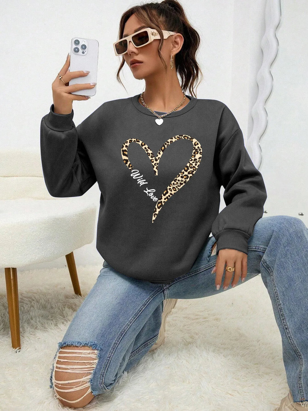 EB | Sweatshirt mit Leopard-herzprint Polyester Trendy und Komfortabel