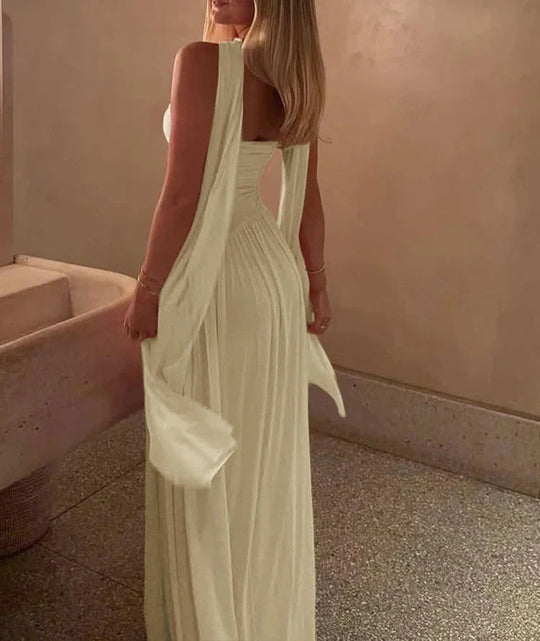 EB | Patchwork Maxi Kleid Schal Rückenfrei Strapless Rüschen Bankett