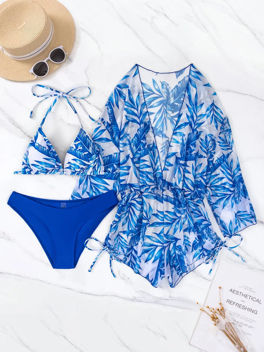 EB | 3 Stück Bikini Tropischer Druck Badebekleidung Halter Schnürseite Badebekleidung Frauen Badeanzug Weiblich Schwimmen Sommer Strandbekleidung