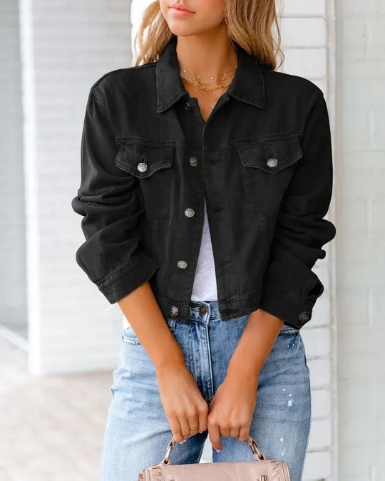 EB | Kurze Taschenjacke Mode Streetwear Einfache Knopf Trend Frauen Denim Jacken Lange Ärmel Herbst Neu Denim Denim Jacken