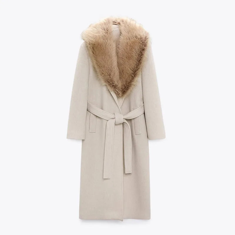 EB | Lange Jacke mit Kunstpelzkragen Taillierte Passform Eleganter Look