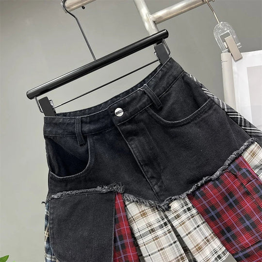 EB | Jahrgang Unregelmäßig Patchwork Kariert Röcke Denim Kurz für Frauen Hohe Taille Eingewickelt Hüfte Mini Rock Sommer Weiblich