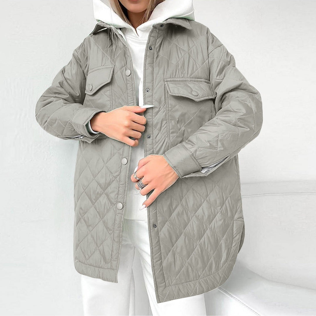 EB | Lange Steppjacke mit Druckknopfverschluss für Frauen Ideal für Den Winter