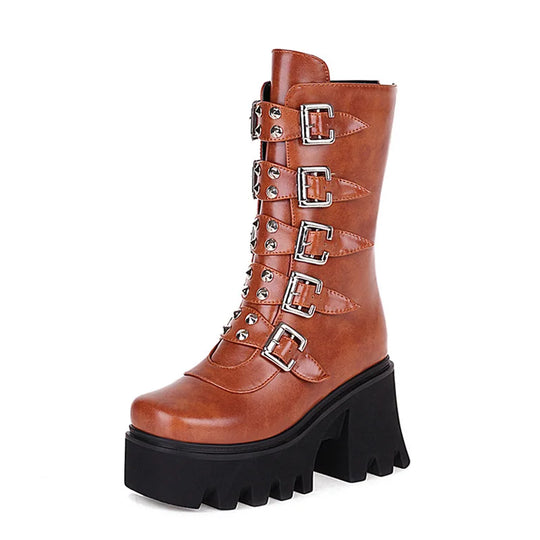 EB | Gothic Schuhe Frauen Schwarz Hochstiefel Weiblich Hohe Absatz Frauen Combat Punk Chunky Dame