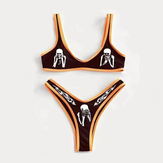 EB | Sexy Goth Bikini Frauen Buchstaben Totenkopf Druck Badeanzug Split Badeanzug Hohe Taille Gotische Bikini Set Strandoutfits