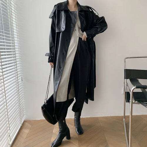 EB | Langer Trenchcoat für Frauen Lederlook Stilvoll und Modern