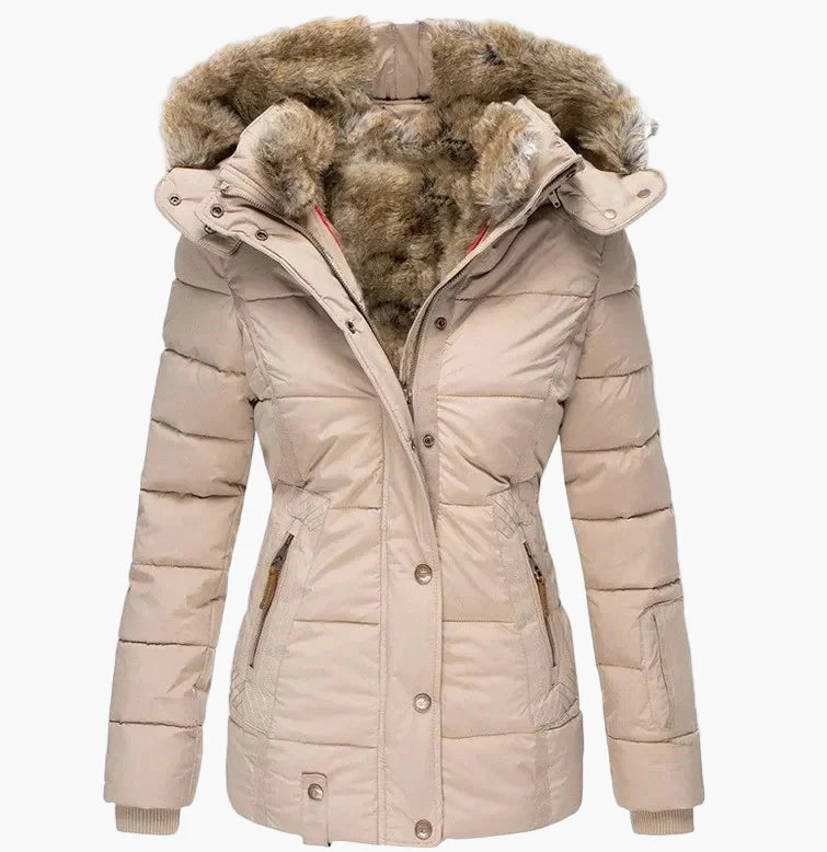 EB | Winter Steppjacke mit Kapuze und Kunstfell - Modische Figurbetonung, Ideal für Kalte Tage