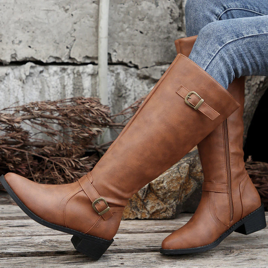 EB | Hohe Reitstiefel mit Schnallenriemen und Niedrigem Absatz für Frauen