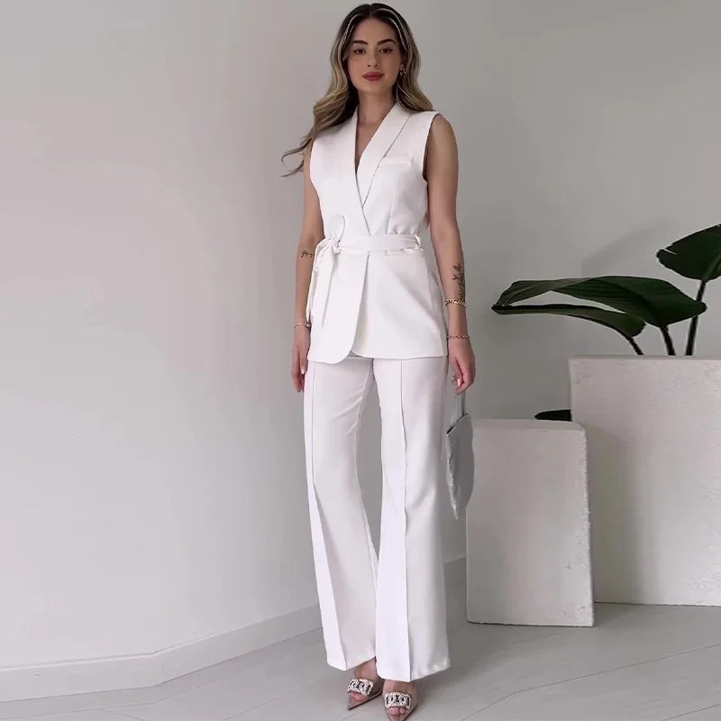 EB | Ärmelloser Blazer-Anzug Taillierte Passform Wickel-V-Ausschnitt Weite Hose