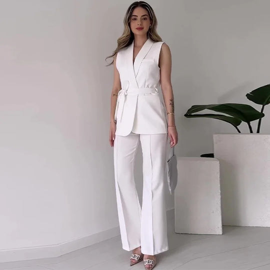 EB | Ärmelloser Blazer-Anzug Taillierte Passform Wickel-V-Ausschnitt Weite Hose