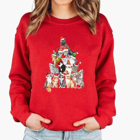 EB | Weihnachtspullover mit Katze und Lichterkette - Lustiger Winter-Sweater für Katzenliebhaber