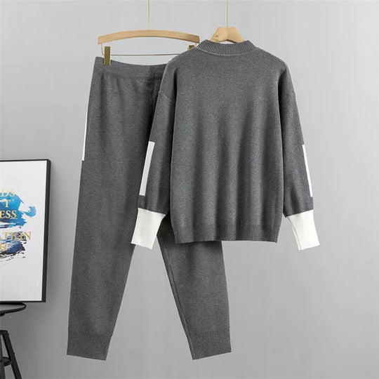 EB - Lässiges Herbst Strick Patchwork Oberteil und Hosen Set für Frauen
