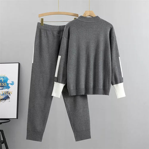 EB - Lässiges Herbst Strick Patchwork Oberteil und Hosen Set für Frauen