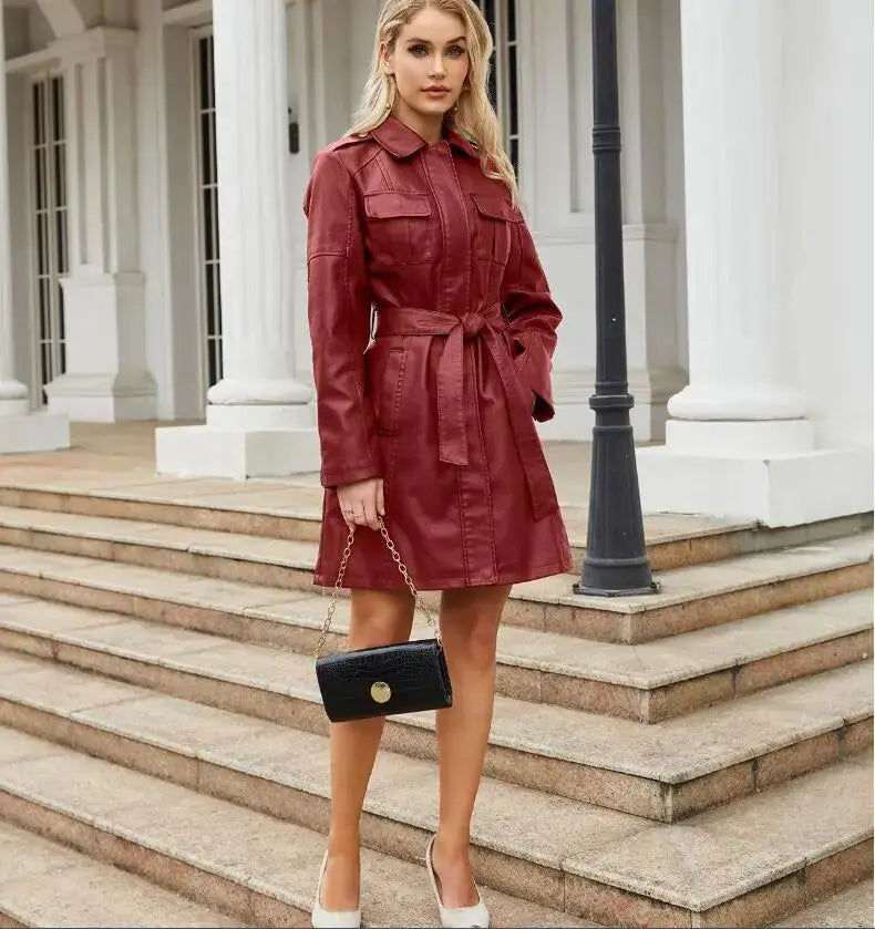 EB | Krawatte Taille Lange Ärmel Kunstleder Hemdkleid