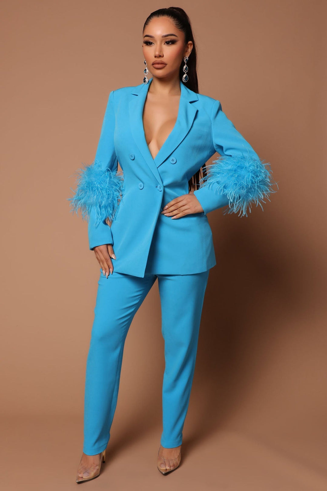 EB | Blazer mit Federn und Hose Set für Frauen