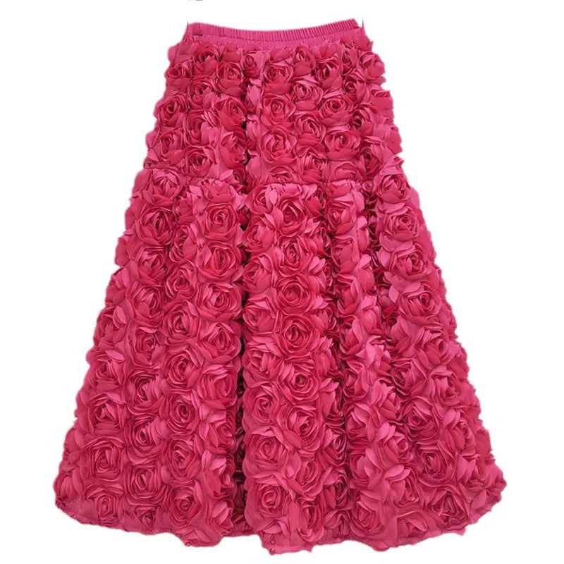 EB | Herbst Neu Vielseitig Drei Dimensional Blumen Mittlere Falten Rock Hohe Taille Große Schwung Mode A-Linie Röcke Frauen