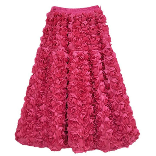 EB | Herbst Neu Vielseitig Drei Dimensional Blumen Mittlere Falten Rock Hohe Taille Große Schwung Mode A-Linie Röcke Frauen
