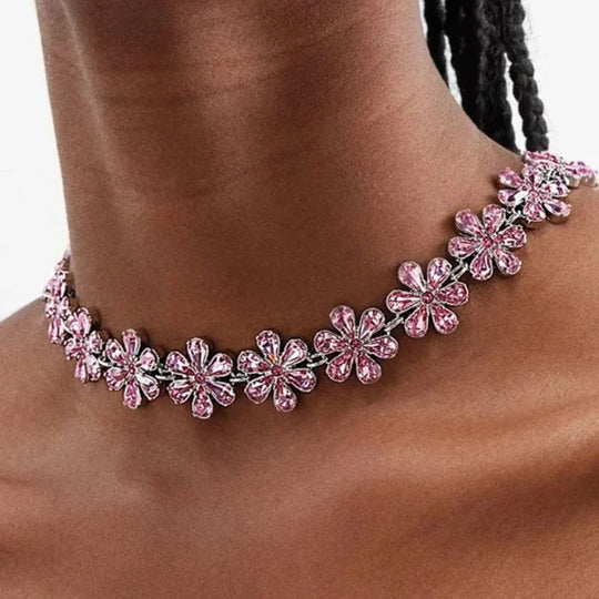 EB | Mode Pink Crystal Flowers Choker Necklace Statement Accessories Mode Frauen Rhinestone Collar Necklace Schlüsselbein Schmuck Ins