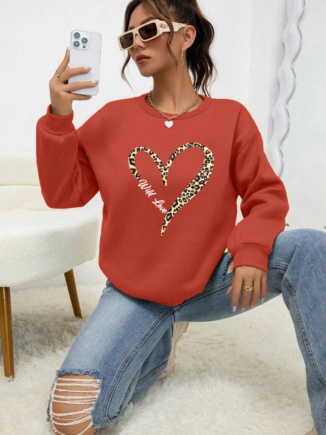 EB | Sweatshirt mit Leopard-herzprint Polyester Trendy und Komfortabel