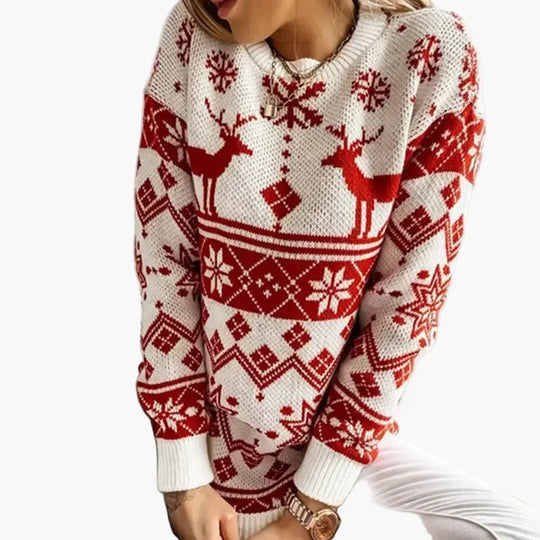 EB | Weihnachtspulli mit Rentier- und Schneeflockenmuster - Modischer Winterpullover für Festliche Anlässe
