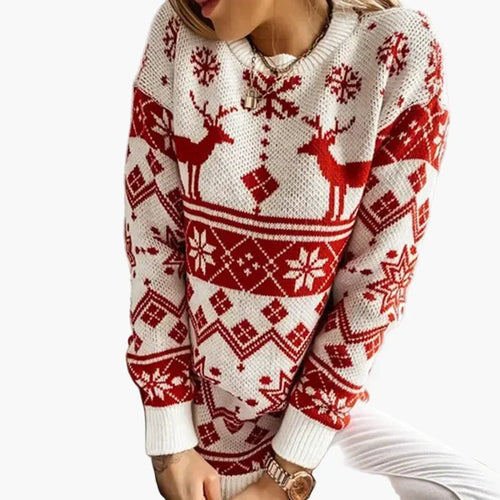 EB | Weihnachtspulli mit Rentier- und Schneeflockenmuster - Modischer Winterpullover für Festliche Anlässe