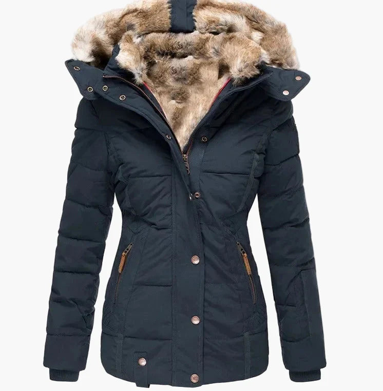 EB | Winter Steppjacke mit Kapuze und Kunstfell - Modische Figurbetonung, Ideal für Kalte Tage