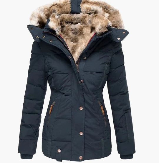 EB | Winter Steppjacke mit Kapuze und Kunstfell - Modische Figurbetonung, Ideal für Kalte Tage
