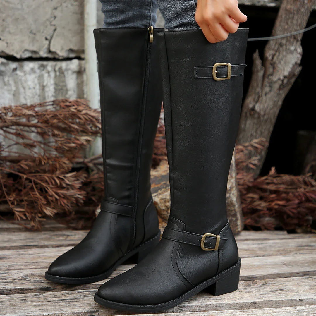 EB | Hohe Reitstiefel mit Schnallenriemen und Niedrigem Absatz für Frauen