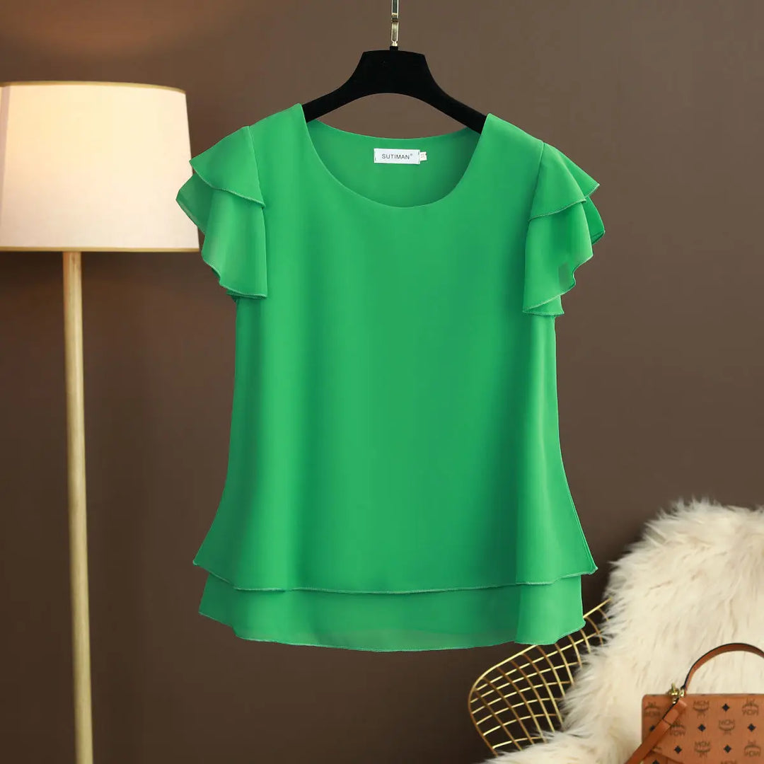 EB | Chiffon Bluse mit O-Ausschnitt und Kurzen Ärmeln