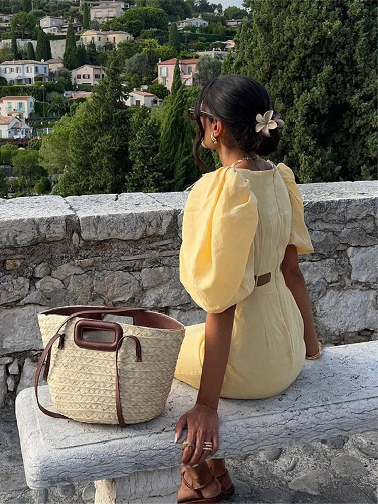 EB | Damen-Hohl-Quadrat-Ausschnitt Kleid Puffärmel Slim Fit Freizeitstil