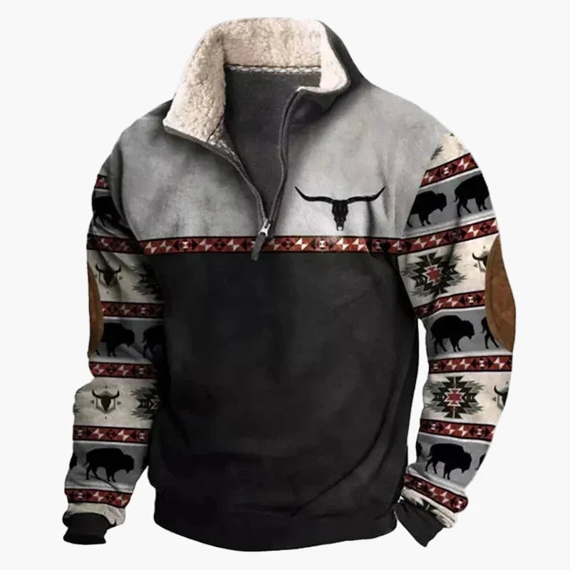 EB | Western Style Pullover mit Azteken-Muster und Longhorn-Motiv - Bequemer Freizeit-Sweater für Outdoor & Alltag