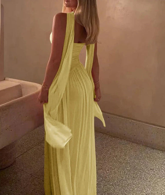 EB | Patchwork Maxi Kleid Schal Rückenfrei Strapless Rüschen Bankett