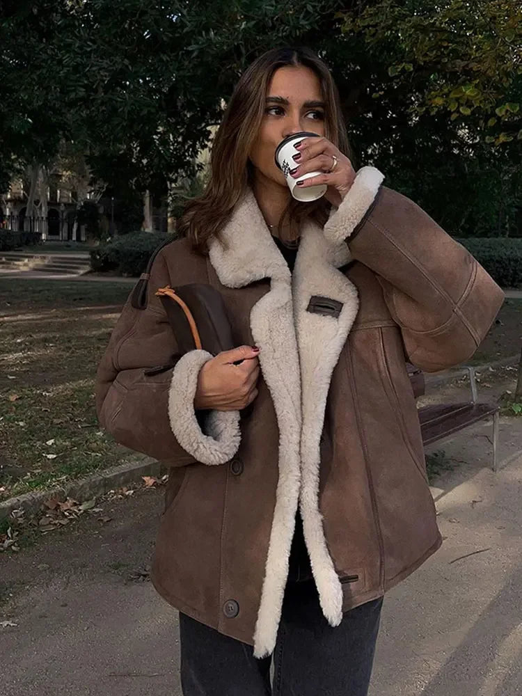 EB | Luxuriöse Pilotenjacke mit Wollfutter Faux Wildleder und Fleece Warm und Stilvoll