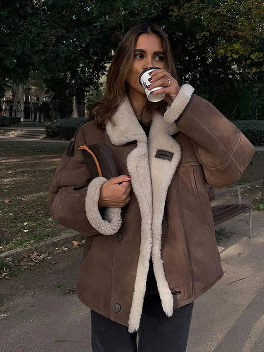 EB | Luxuriöse Pilotenjacke mit Wollfutter Faux Wildleder und Fleece Warm und Stilvoll