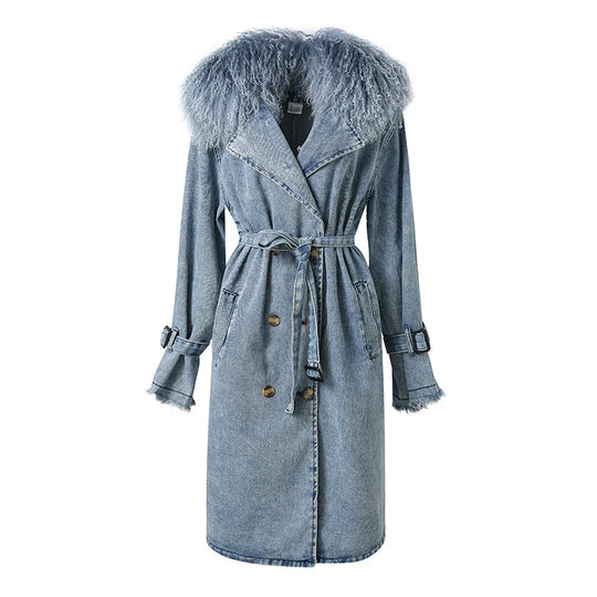 EB | Lange Denimjacke mit Kunstfell Baumwollmix Modern und Elegant