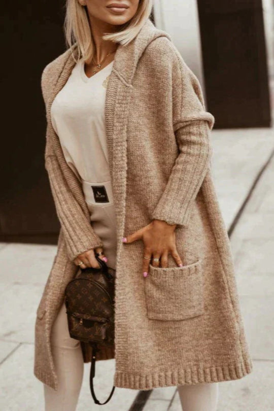 EB | gestrickte Jacke mit Kapuze Damen - stylische lange Winterjacke