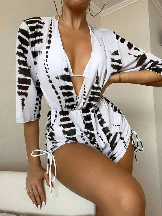 EB | 3 Stück Bikini Tropischer Druck Badebekleidung Halter Schnürseite Badebekleidung Frauen Badeanzug Weiblich Schwimmen Sommer Strandbekleidung