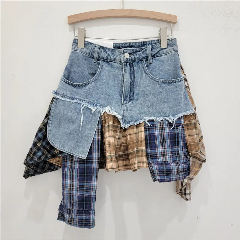 EB | Jahrgang Unregelmäßig Patchwork Kariert Röcke Denim Kurz für Frauen Hohe Taille Eingewickelt Hüfte Mini Rock Sommer Weiblich