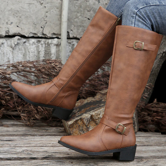 EB | Hohe Reitstiefel mit Schnallenriemen und Niedrigem Absatz für Frauen