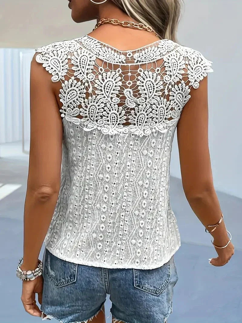 EB | Spitzenshirt Vintage Elegantes Ärmelloses V-Ausschnitt Damen Sommer T-Shirt