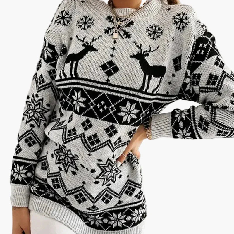 EB | Weihnachtspulli mit Rentier- und Schneeflockenmuster - Modischer Winterpullover für Festliche Anlässe