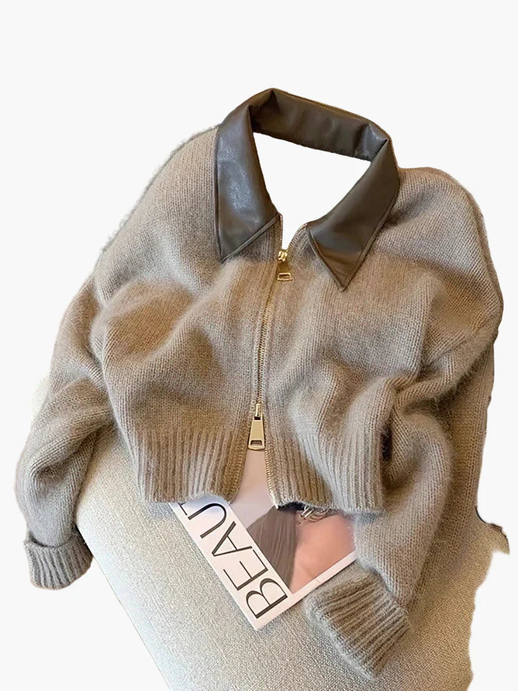 EB | Strickjacke mit Reißverschluss und Elegantem Kragen - Modischer Cropped Cardigan für Alltag und Büro