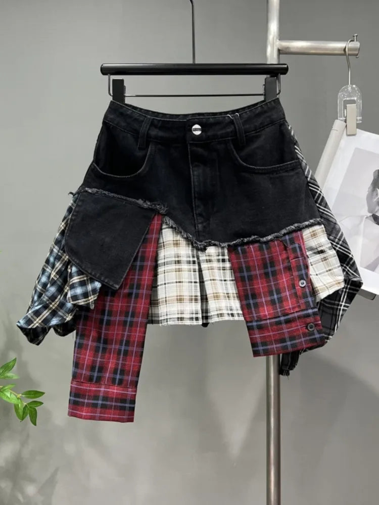 EB | Jahrgang Unregelmäßig Patchwork Kariert Röcke Denim Kurz für Frauen Hohe Taille Eingewickelt Hüfte Mini Rock Sommer Weiblich