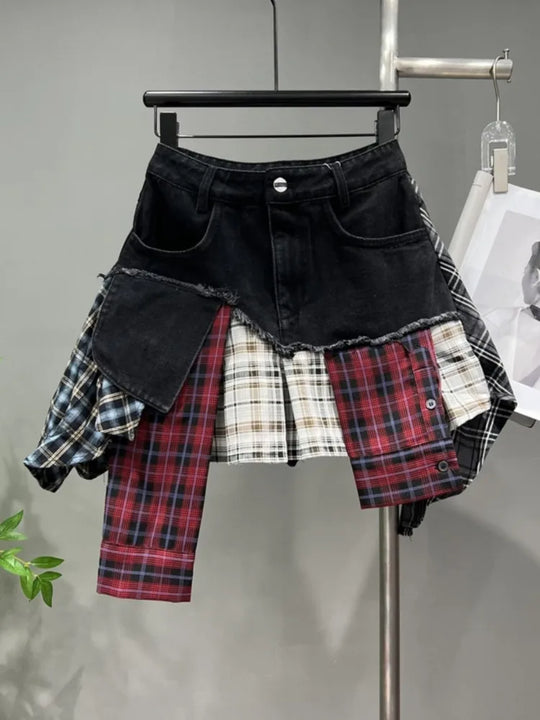 EB | Jahrgang Unregelmäßig Patchwork Kariert Röcke Denim Kurz für Frauen Hohe Taille Eingewickelt Hüfte Mini Rock Sommer Weiblich