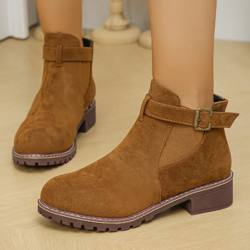 EB | Winter Schnalle Stiefel Runde Zehe Chunky Absätze