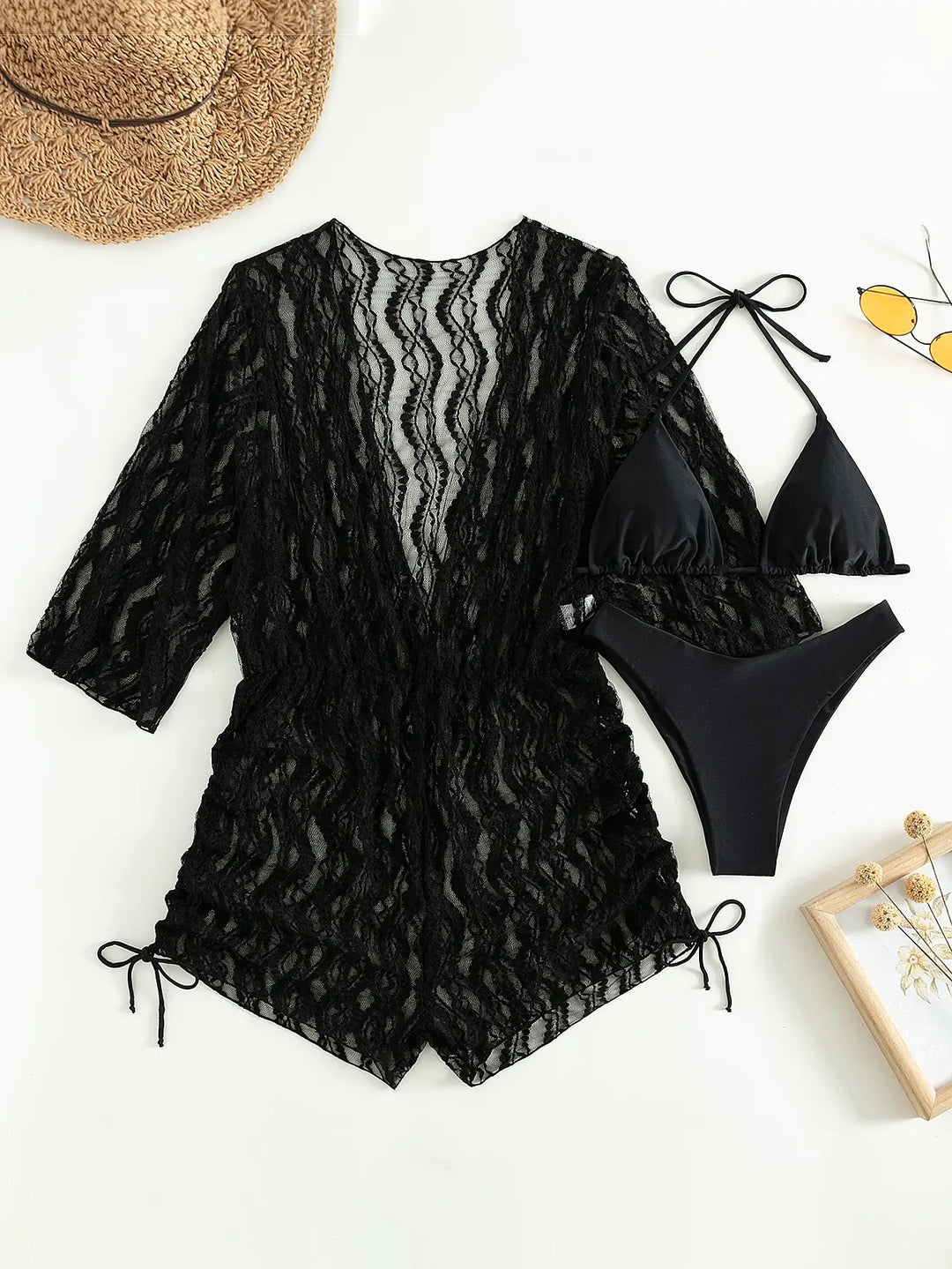 EB | 3 Stück Bikini Tropischer Druck Badebekleidung Halter Schnürseite Badebekleidung Frauen Badeanzug Weiblich Schwimmen Sommer Strandbekleidung